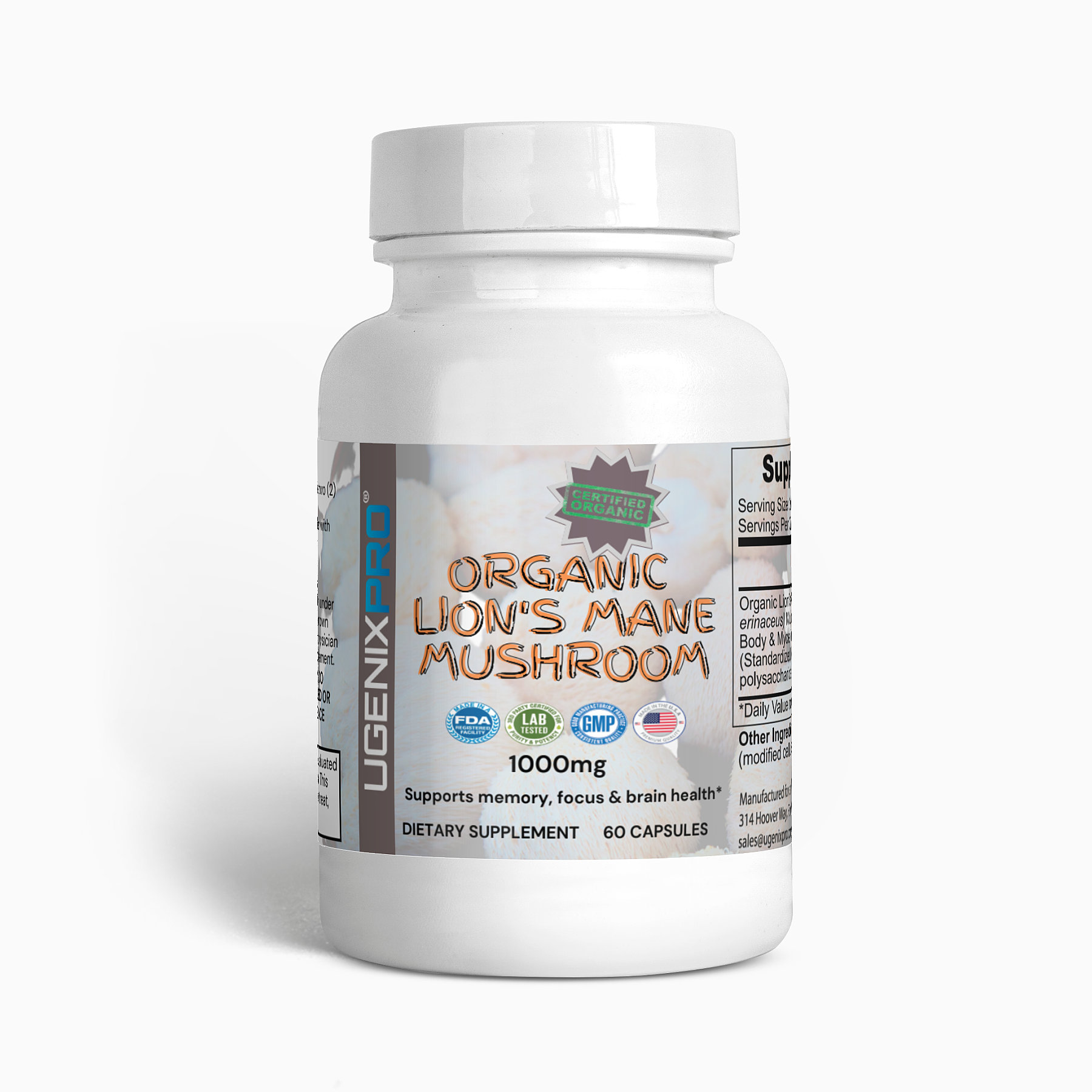 UgenixPRO® Organic Lion's Mane Mushroom 60 Ct. | Improves Memory | Healthy Blood Flow | Anti-Fatigue