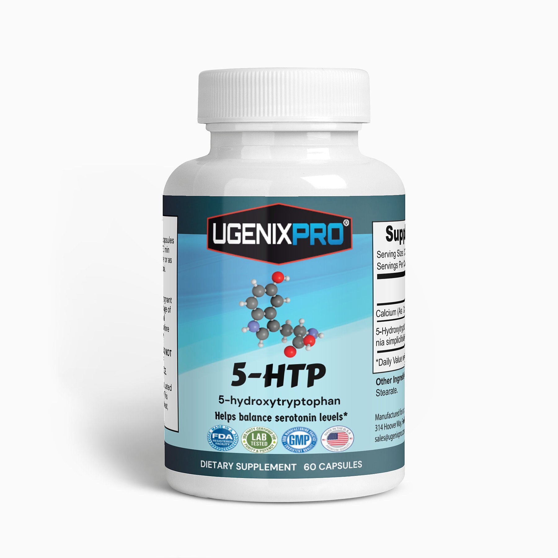 UgenixPRO® 5-HTP 200mg Plus Calcium for Mood, Sleep | Supports Calm and Relaxed Mood | 99% High Purity | 60 Capsules